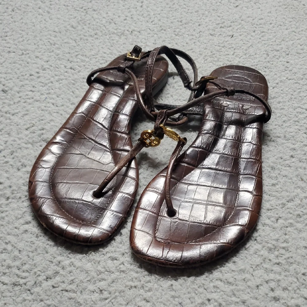 Tory Burch Women's Brown Croc-Embossed Leather T-Strap Sandals Size 6.5